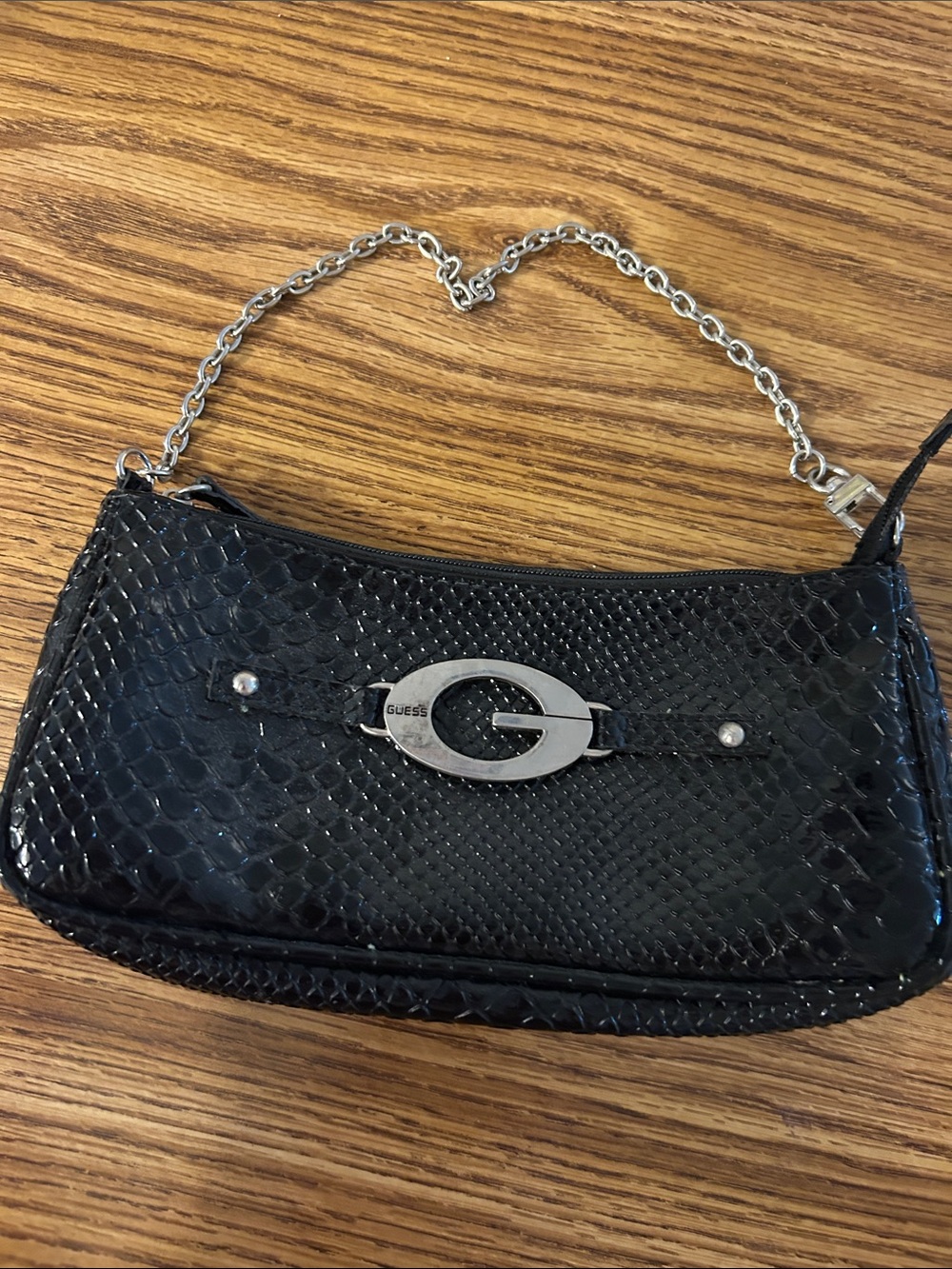 Guess Black Quilted Patent Wristlet with Silver Chain